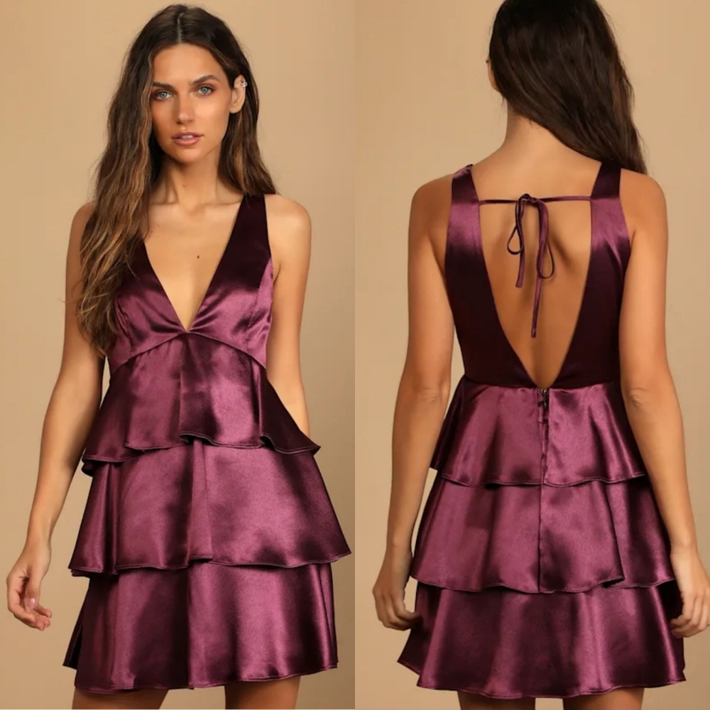 Lulus Satin Tiered Ruffled Plunge Neckline Open Back Cocktail Mini Dress